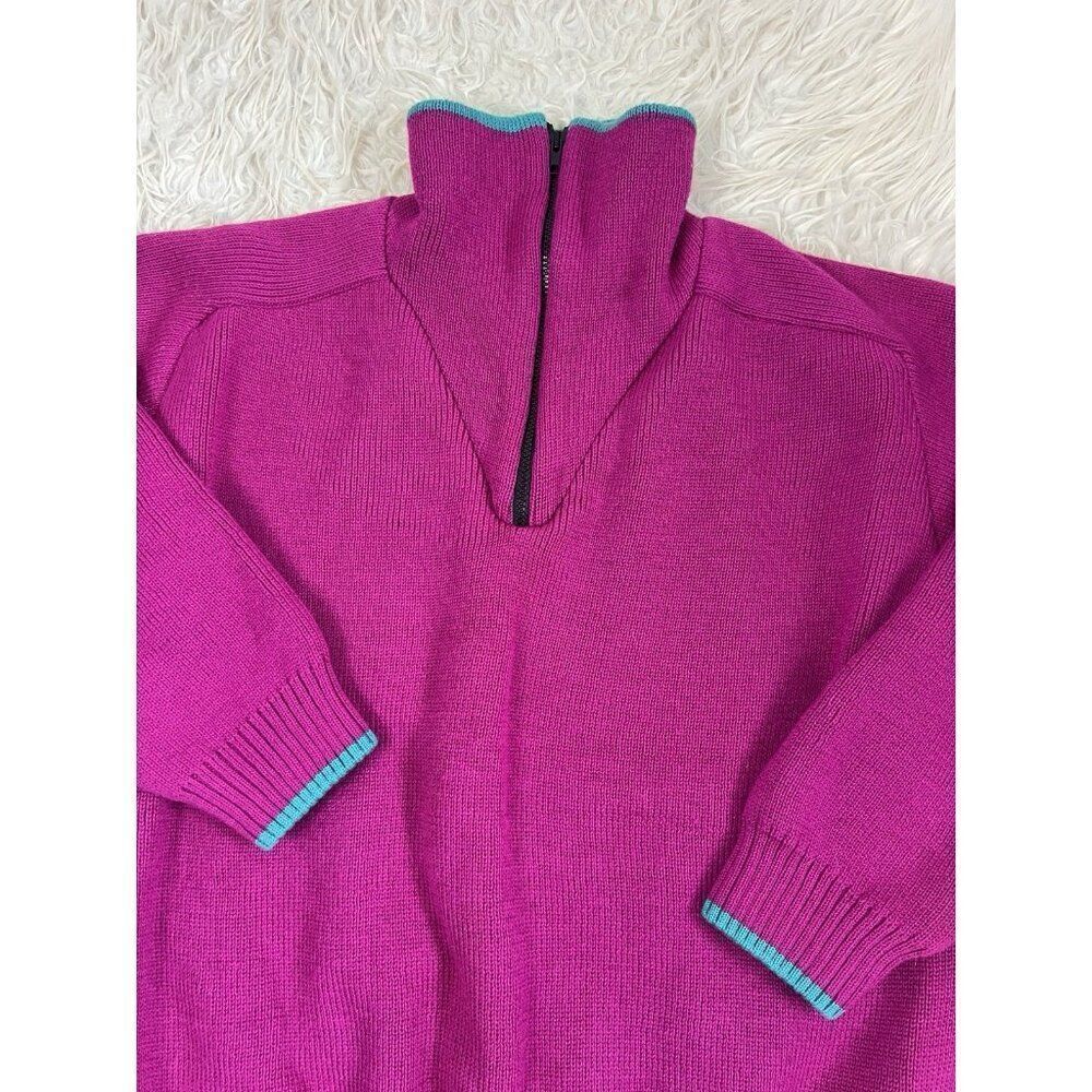 M57000 Vintage 80s Wool Retro ColorBlock Henley Tight Knit Fuchsia Pink Sweater - Picture 9 of 10